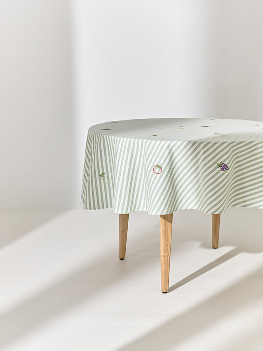Melony Striped Round Tablecloth with Embroidered Motifs