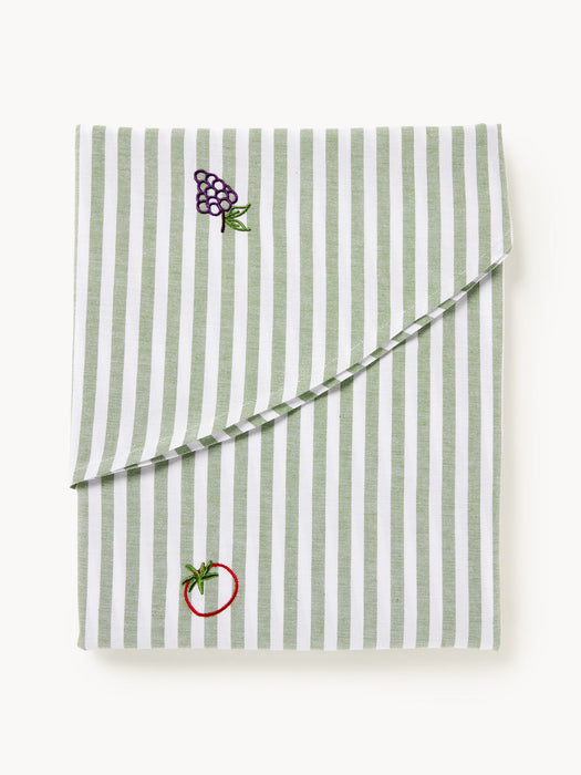 Melony Striped Round Tablecloth with Embroidered Motifs