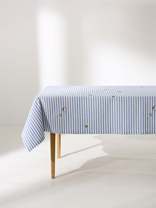 Melony Striped Tablecloth with Embroidered Motifs