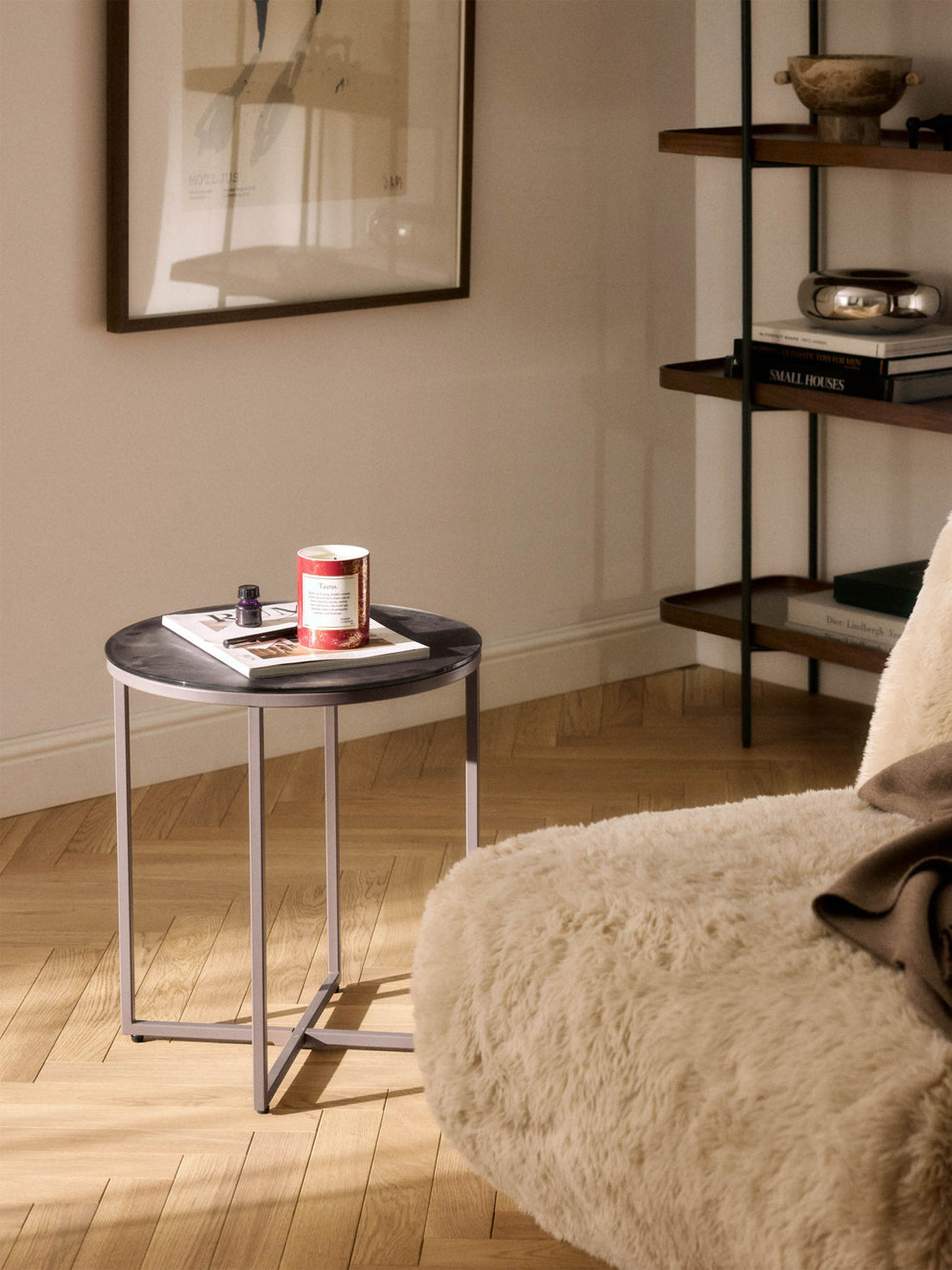 Antigua Round Side Table with Marble Effect Glass Top