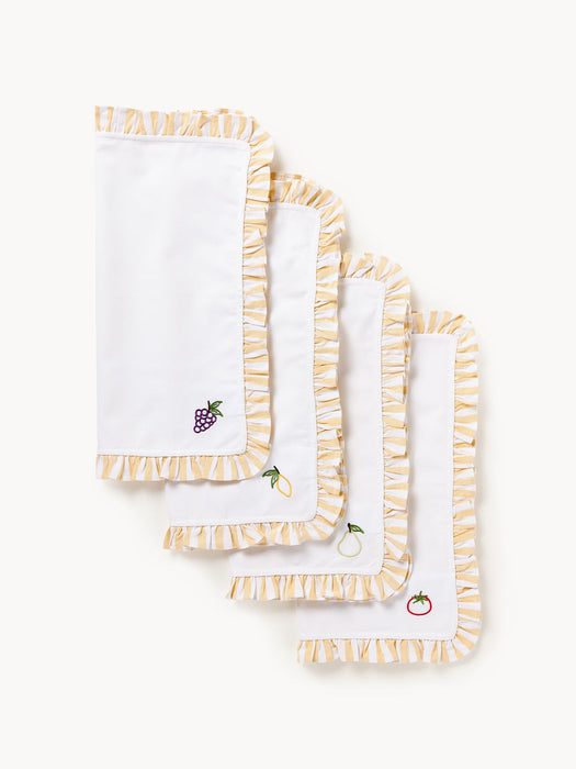 Melony Cloth Napkins with Embroidered Motifs and Ruffles, Set of 4