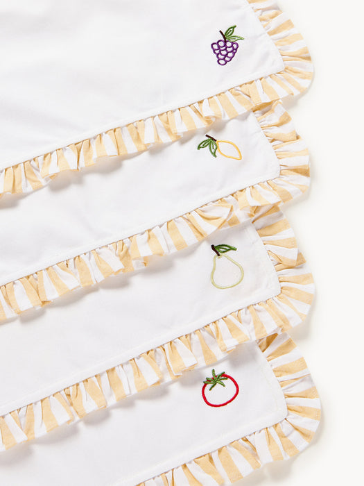 Melony Cloth Napkins with Embroidered Motifs and Ruffles, Set of 4
