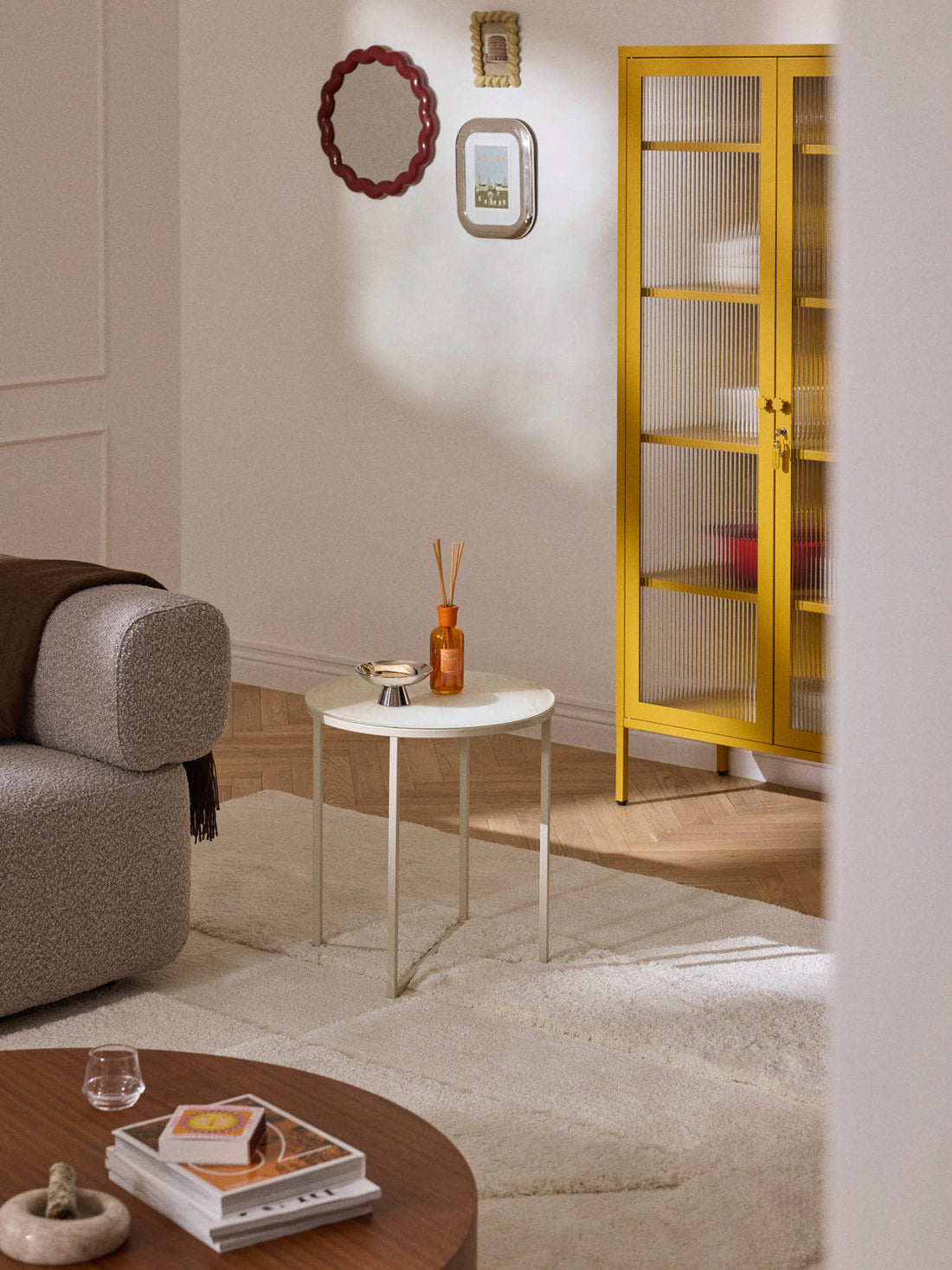 Antigua Round Side Table with Marble Effect Glass Top
