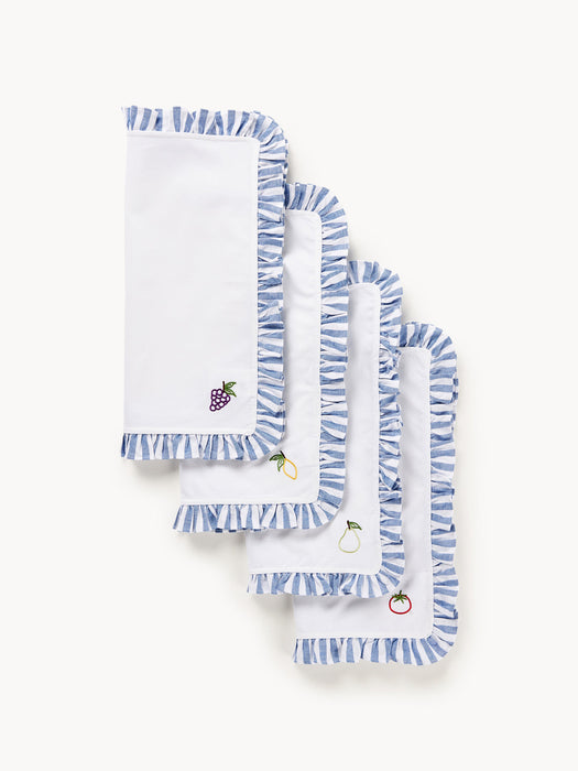 Melony Cloth Napkins with Embroidered Motifs and Ruffles, Set of 4