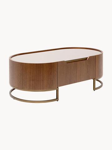 Oval Walnut Wood Coffee Table Giorgio with Glass Top & Drawer