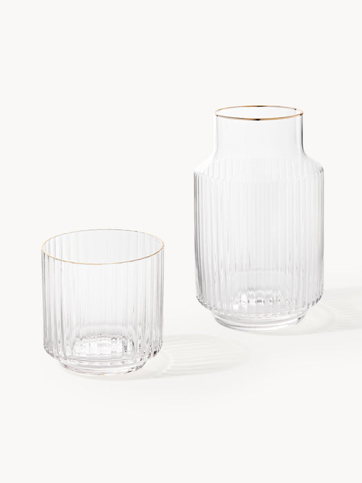 Mouth-Blown Carafe Aleo with Tumbler with Gold Rim Set of 2