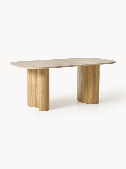 Canyon Oak Wood Dining Table with Travertine Top, in various sizes