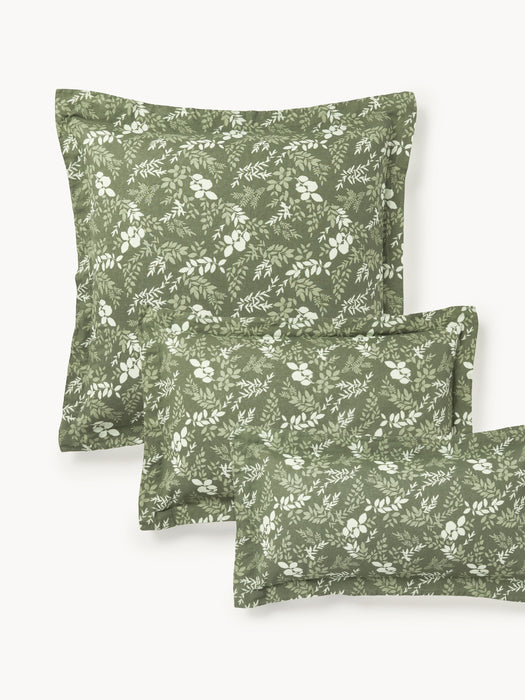 Leaf Print Pillowcase Pola in Linen-Cotton Blend with Flange