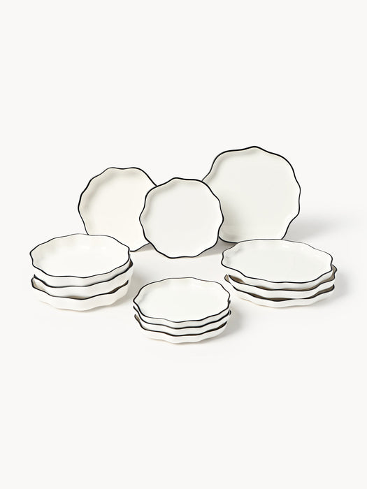 Bia Porcelain Tableware Set with Wavy Rim, 4 people, Set of 12