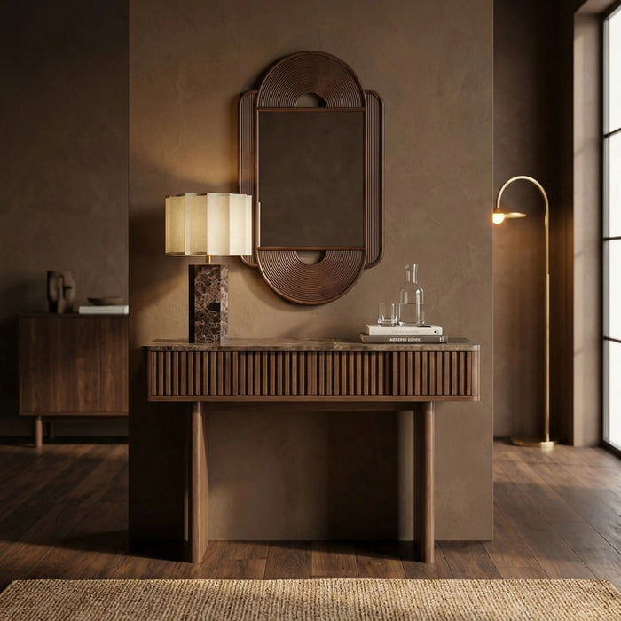 Janis 2 Drawer Console Table Emperador Brown Honed Marble & Walnut