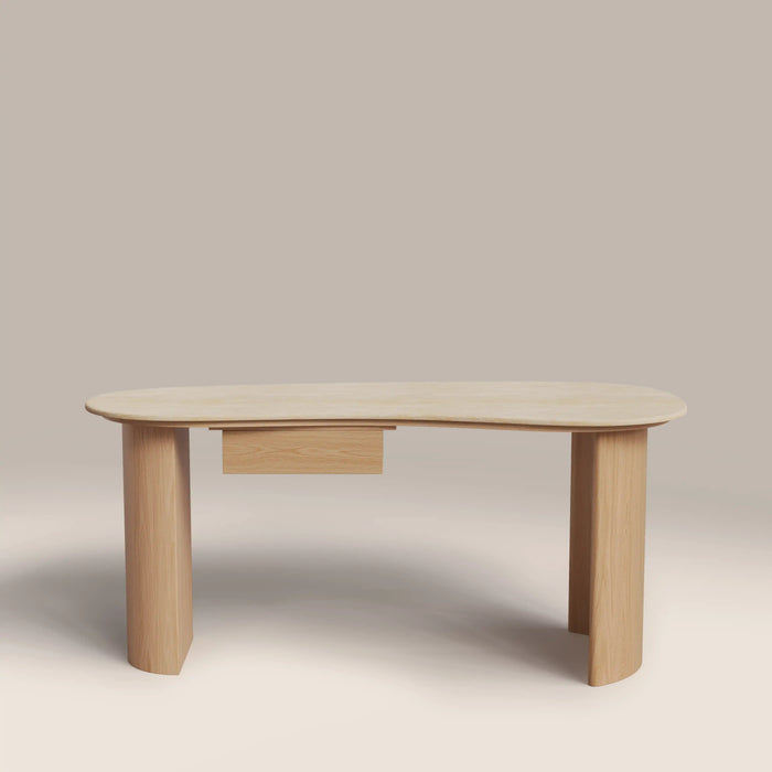 Lois 1 Drawer Desk Natural Travertine Effect Sintered Stone & Oak