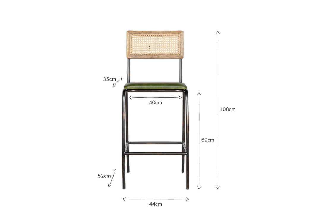 Iswa Leather & Cane Counter Chair - Rich Green