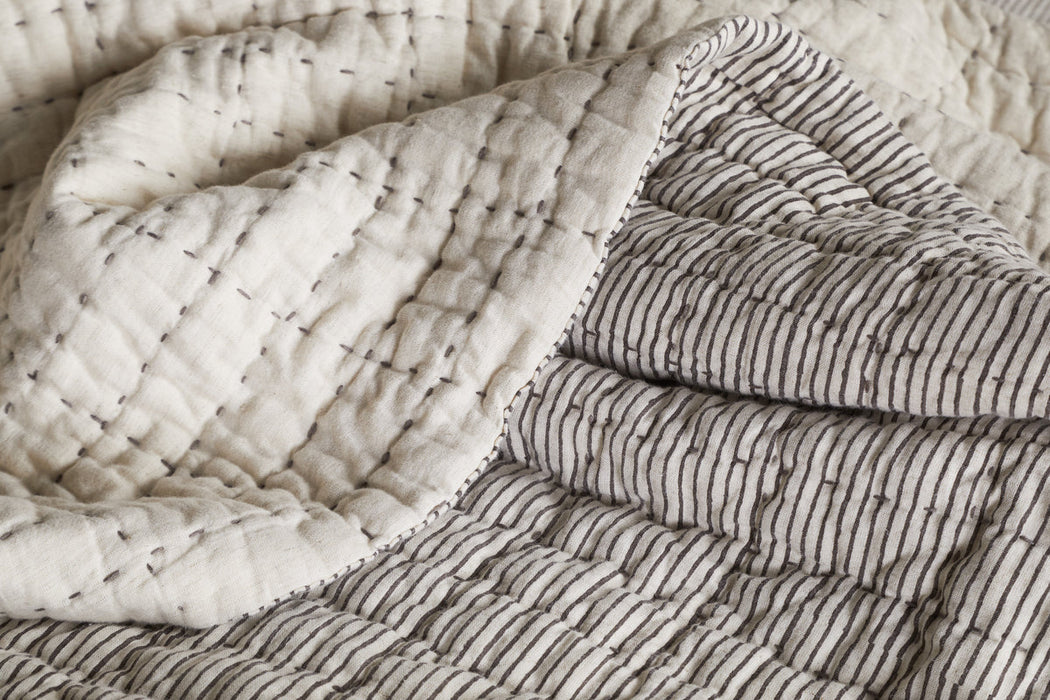 Dipti Cotton Linen Block Print Bed Quilt Charcoal