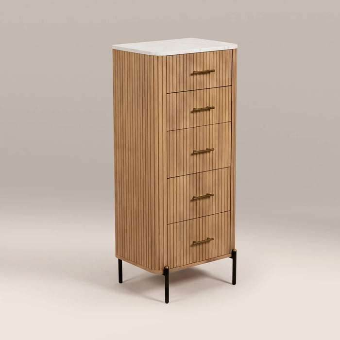 Oliver Tall 5 Drawer Chest of Drawers White Marble & Natural