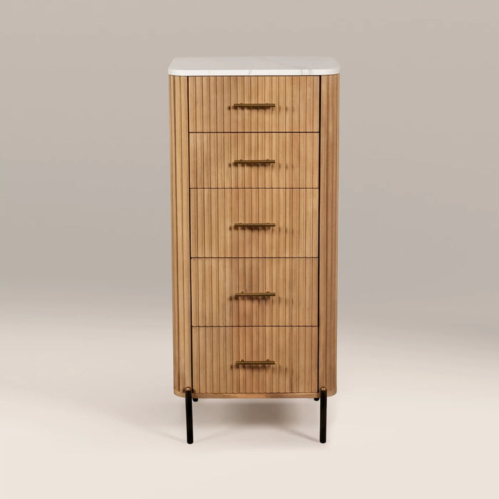 Oliver Tall 5 Drawer Chest of Drawers White Marble & Natural