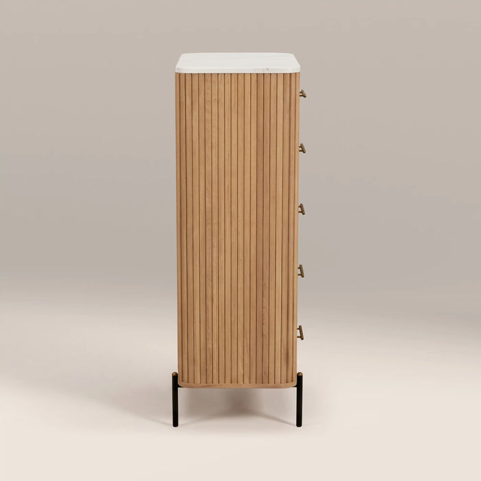 Oliver Tall 5 Drawer Chest of Drawers White Marble & Natural