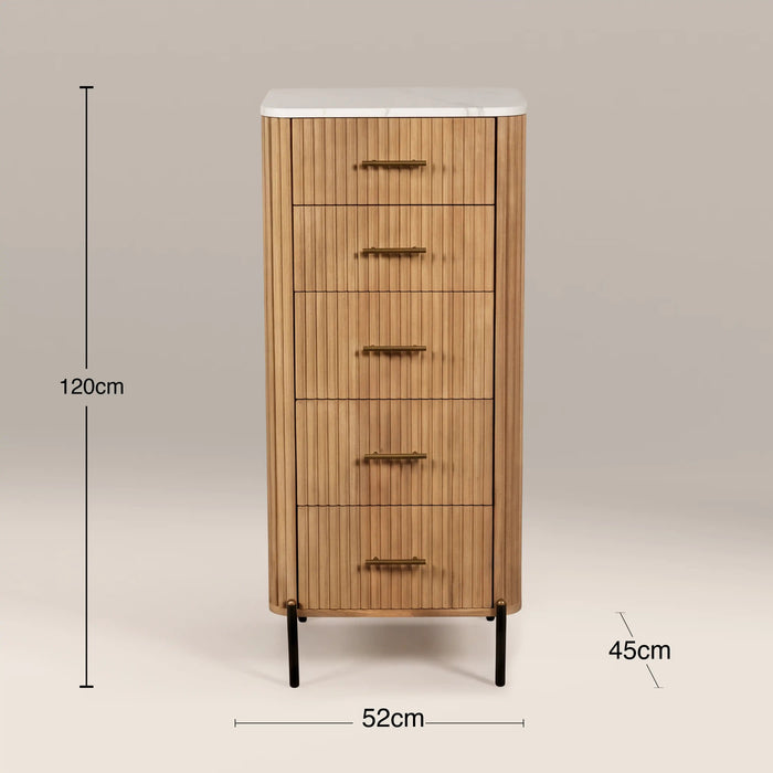 Oliver Tall 5 Drawer Chest of Drawers White Marble & Natural