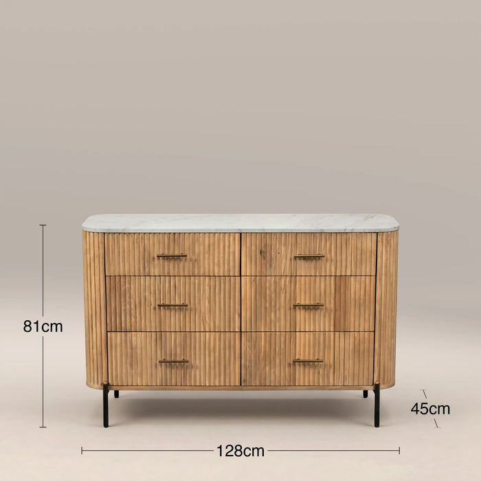 Oliver Wide 6 Drawer Chest of Drawers White Marble & Natural