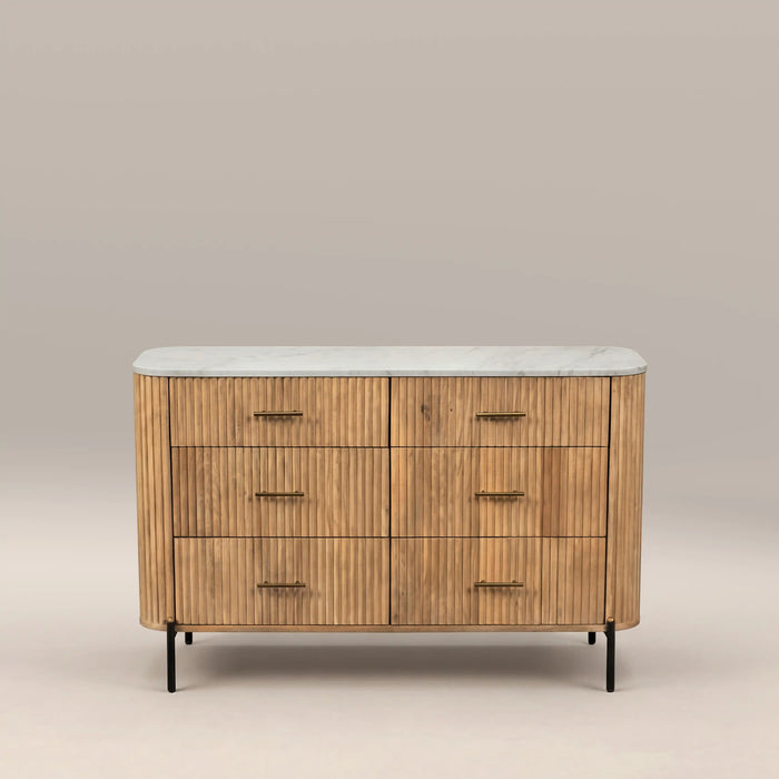 Oliver Wide 6 Drawer Chest of Drawers White Marble & Natural
