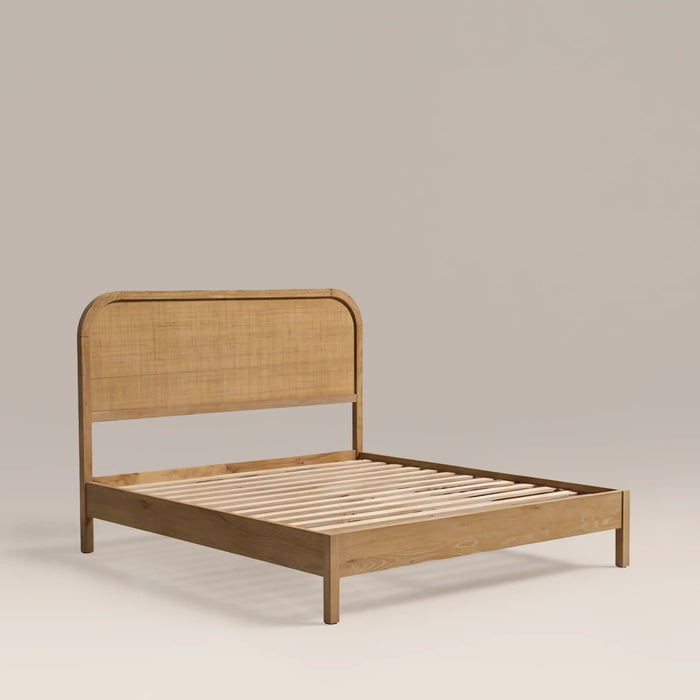 Ashen Wooden Double Bed Natural Rattan & Oak