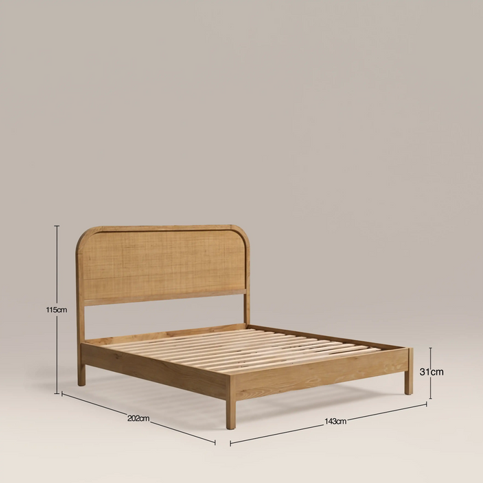 Ashen Wooden Double Bed Natural Rattan & Oak