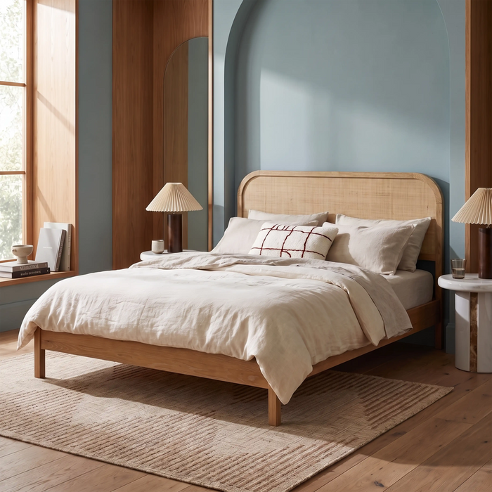 Ashen Wooden King Bed Natural Rattan & Oak
