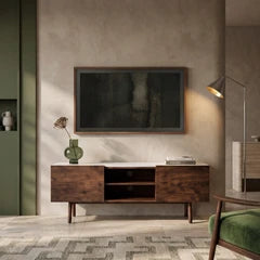 Lambert 2 Door TV Stand | White Marble & Walnut