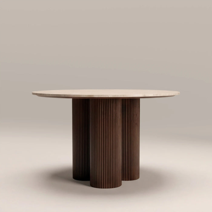 Skylar 4 Seat Round Dining Table Natural Travertine & Smoked Walnut