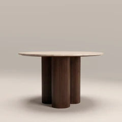 Skylar 4 Seat Round Dining Table | Natural Travertine & Smoked Walnut