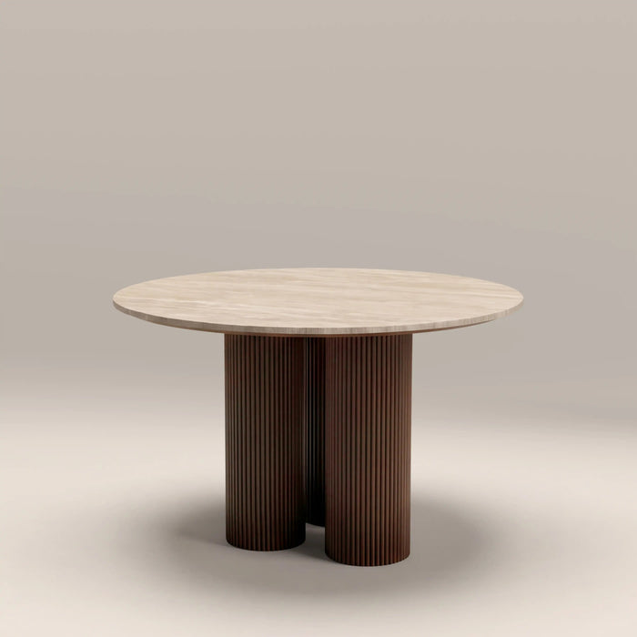 Skylar 4 Seat Round Dining Table Natural Travertine & Smoked Walnut