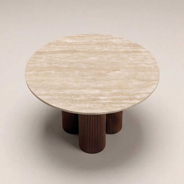 Skylar 4 Seat Round Dining Table Natural Travertine & Smoked Walnut