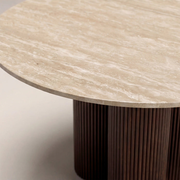 Skylar 4 Seat Round Dining Table Natural Travertine & Smoked Walnut