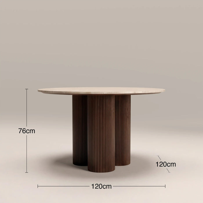 Skylar 4 Seat Round Dining Table Natural Travertine & Smoked Walnut