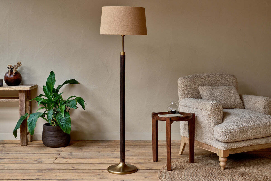 Digha Wood Metal Floor Lamp Dark Stain Antique Brass