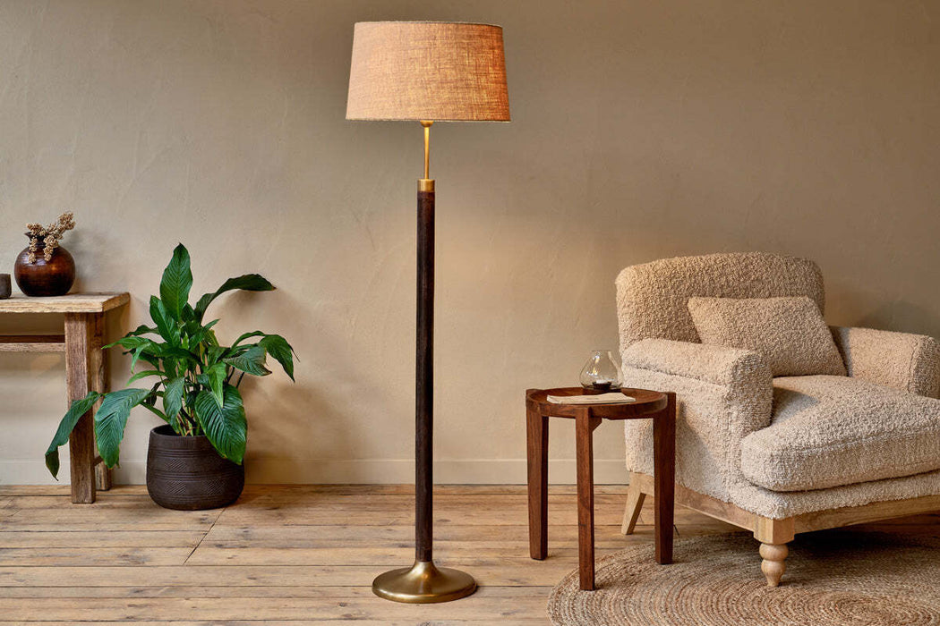 Digha Wood Metal Floor Lamp Dark Stain Antique Brass