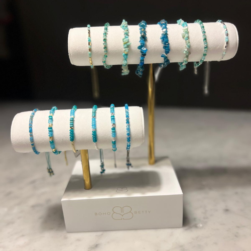 Boho Betty Two Tier Faux Suede T-Bar Display Stand – Gold & White Bracelet Holder