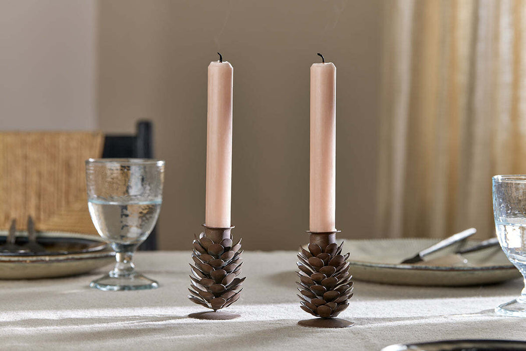 Elagalu Pine Cone Candle Stick Rust Set Of 2