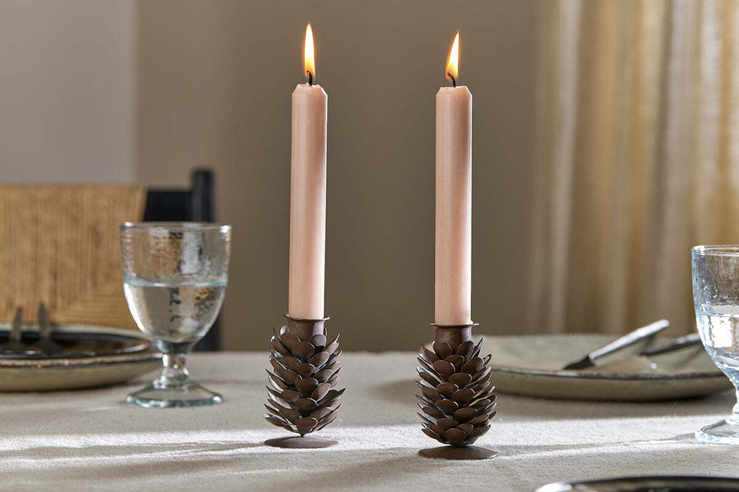 Elagalu Pine Cone Candle Stick Rust Set Of 2