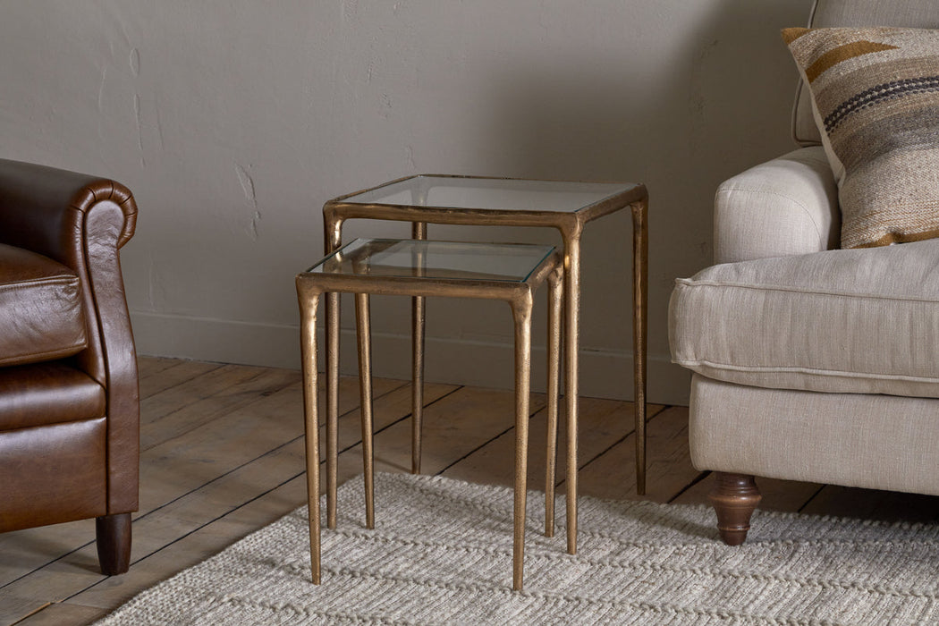 Gilasi Cast Metal & Glass Nesting Side Tables - Antique Brass Set of 2