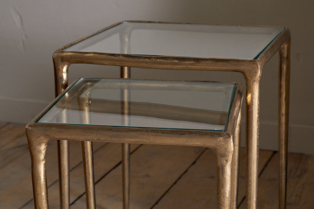Gilasi Cast Metal & Glass Nesting Side Tables - Antique Brass Set of 2