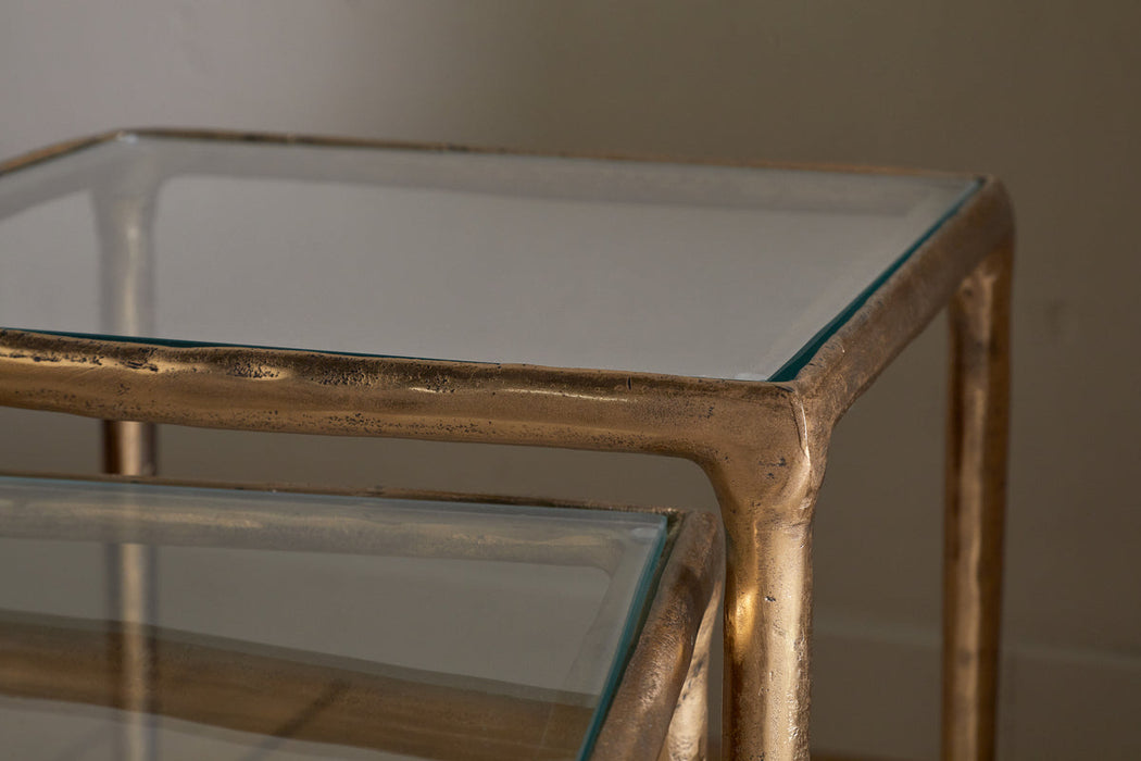 Gilasi Cast Metal & Glass Nesting Side Tables - Antique Brass Set of 2