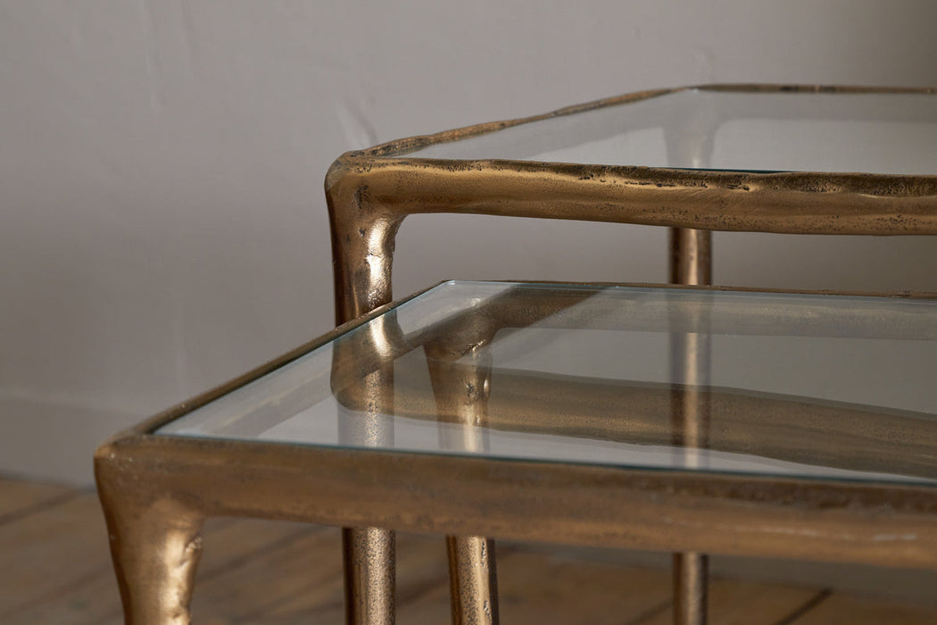 Gilasi Cast Metal & Glass Nesting Side Tables - Antique Brass Set of 2