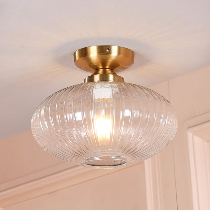 Brushed Brass Fluted Clear Glass Flush Ceiling Light