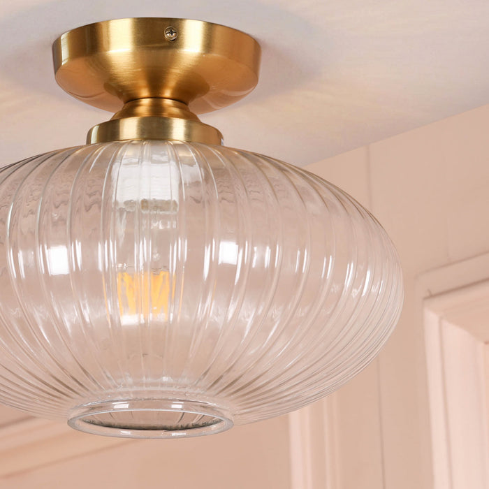 Brushed Brass Fluted Clear Glass Flush Ceiling Light