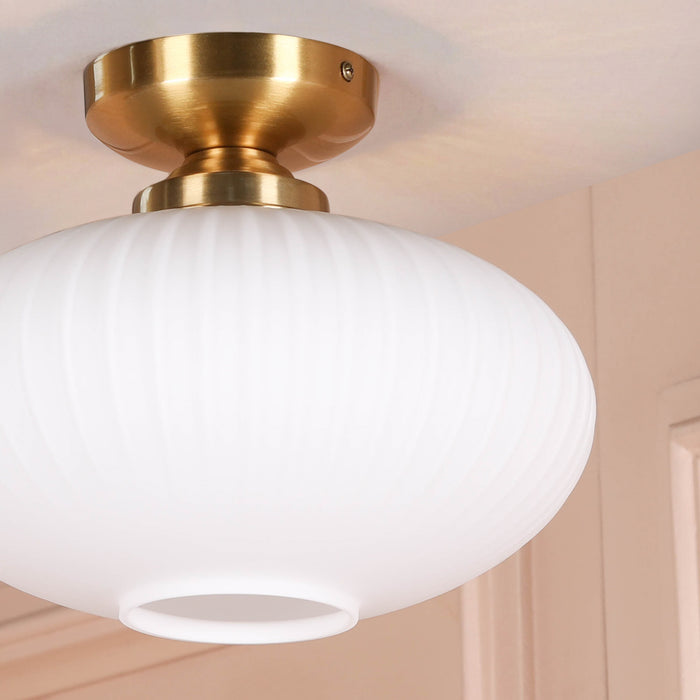 Brushed Brass Fluted Frosted Glass Flush Ceiling Light