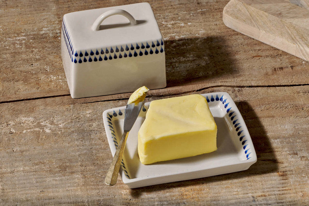 Indigo Drop Butter Dish Cream Indigo