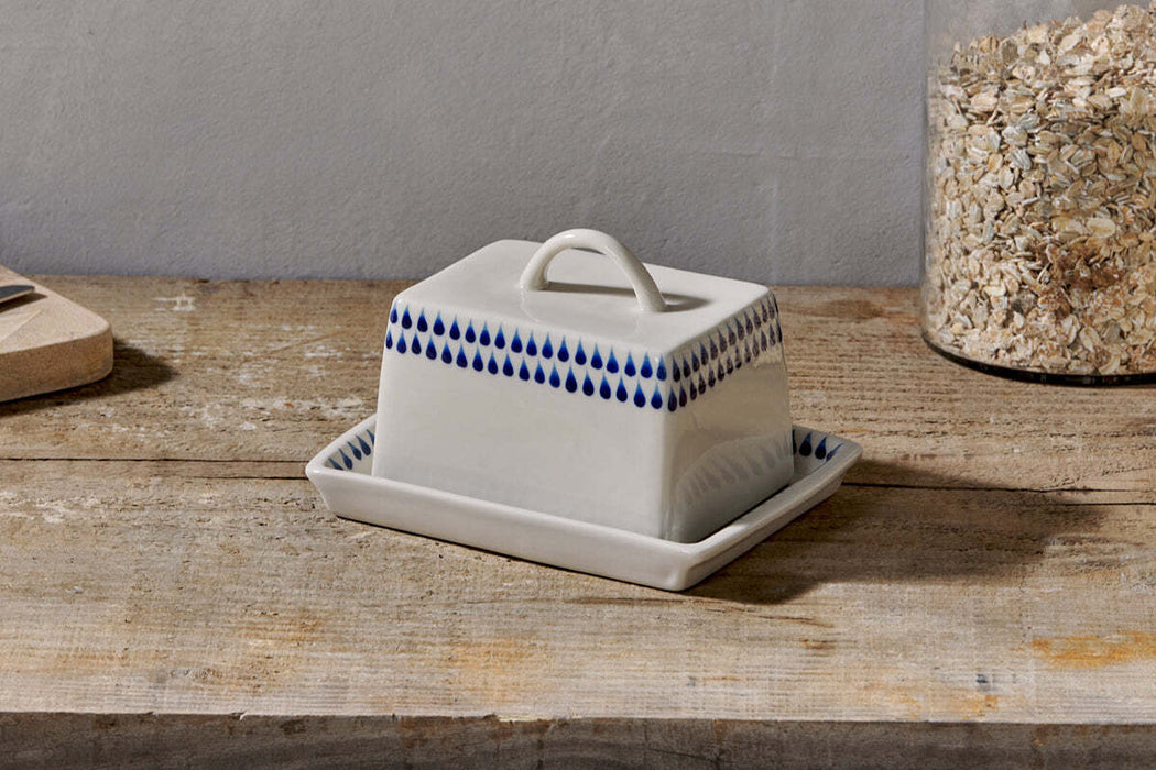 Indigo Drop Butter Dish Cream Indigo