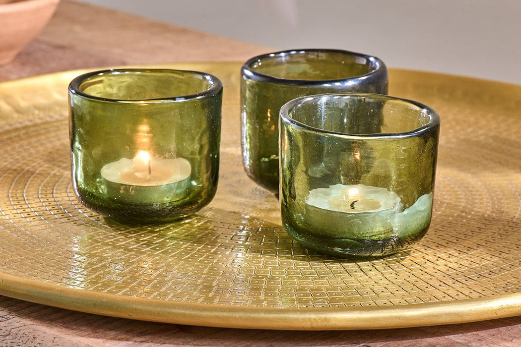 Irda Glass Small Tealight Dark Emerald Small Set Of 3