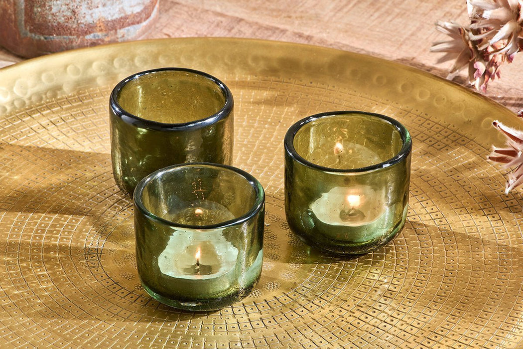 Irda Glass Small Tealight Dark Emerald Small Set Of 3