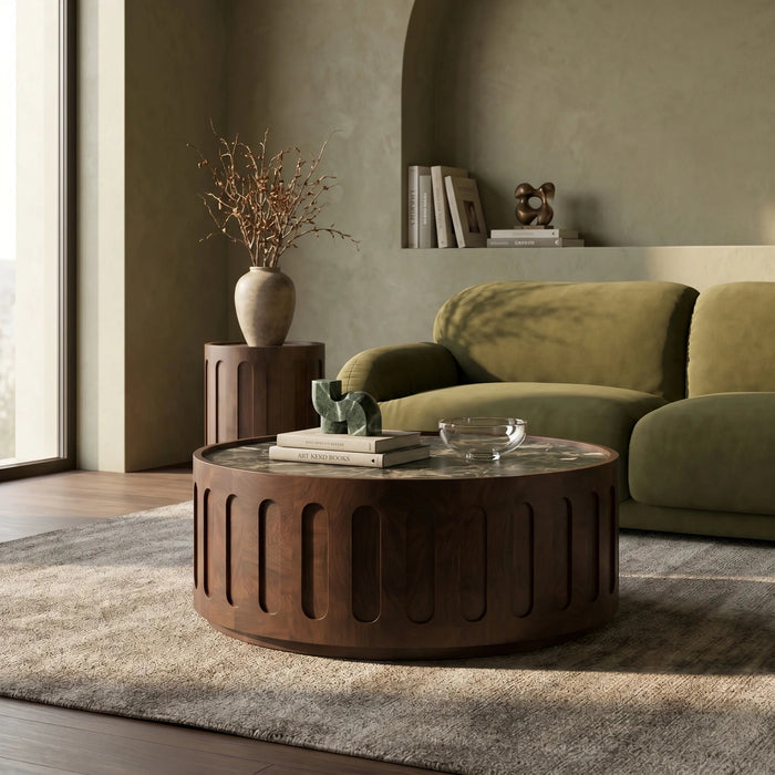 Juno Round Coffee Table Emperador Brown Honed Marble & Walnut